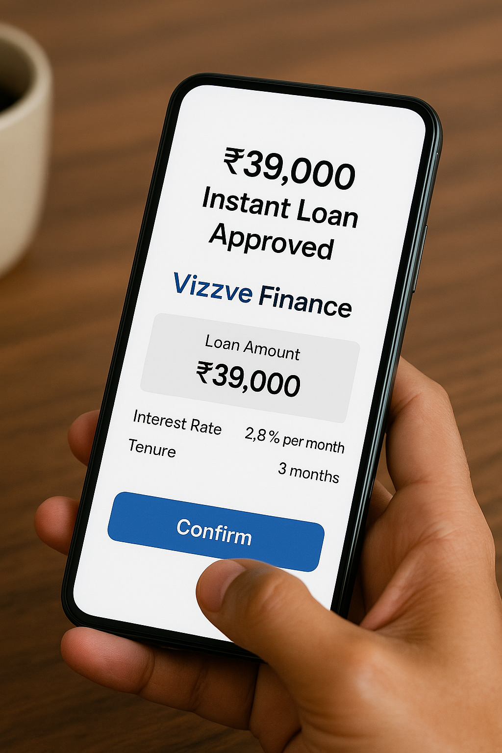 User confirming ₹39,000 instant loan via Vizzve Finance mobile app